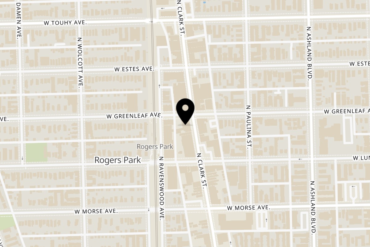 Map showing the location of Honeybear Cafe on 7036 N Clark St in Chicago